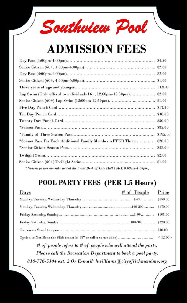 Southview Pool Admission fees