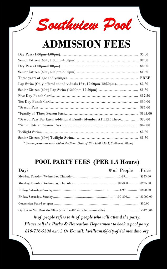 2024 Southview Pool fees